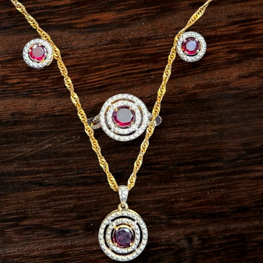 Vintage Gold Coast Smokey Quartz & Rhinestone Necklace, Ring, and Earrings Set